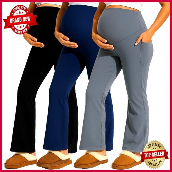 Pants - Maternity Flare Leggings with Pockets, Over Belly Support, 3 Pack